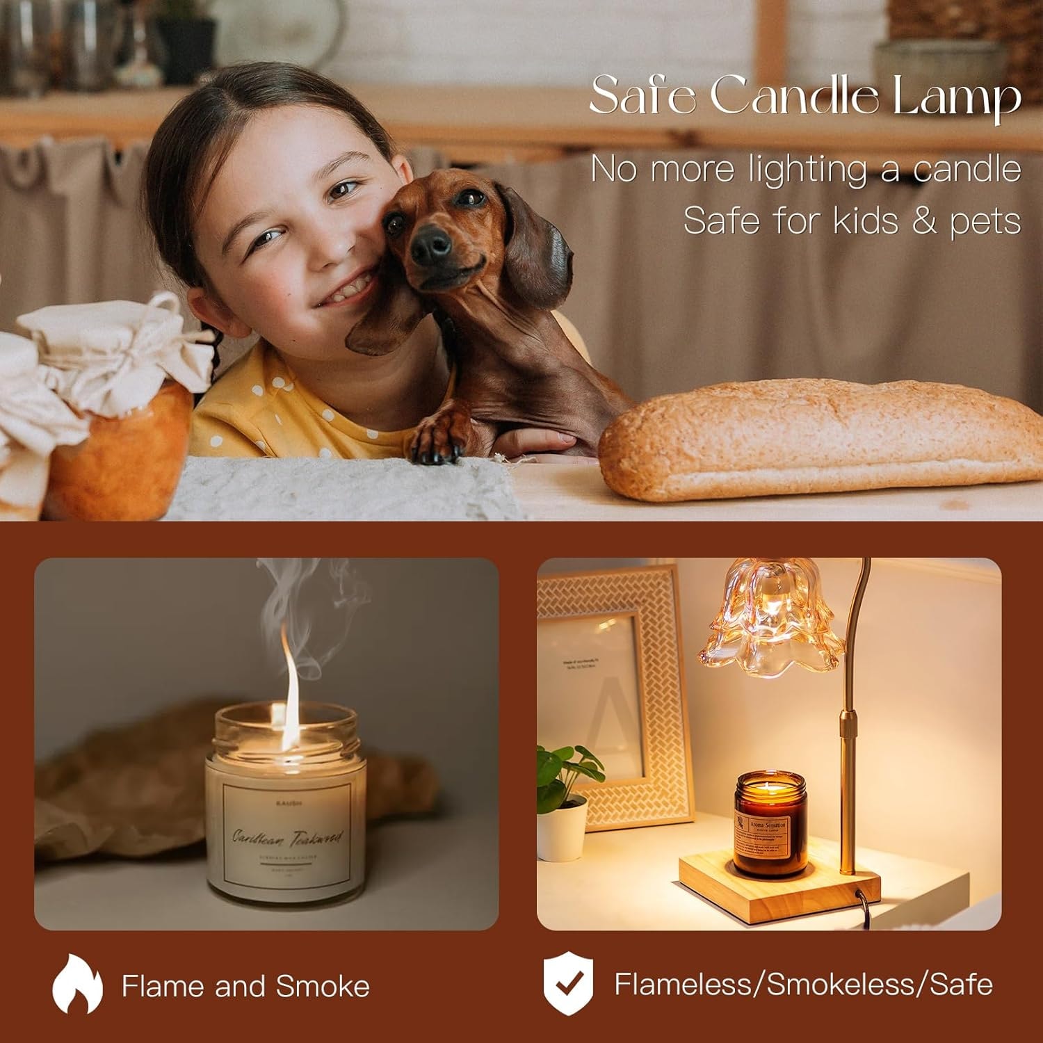 A child and a dog beside a flameless candle warmer lamp, contrasted with a smoking lit candle