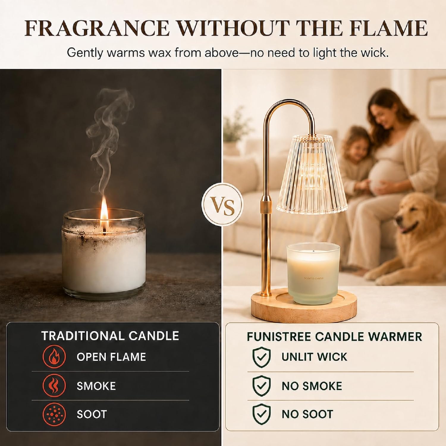 A smoking lit candle beside a candle warmer lamp warming the same candle without a flame