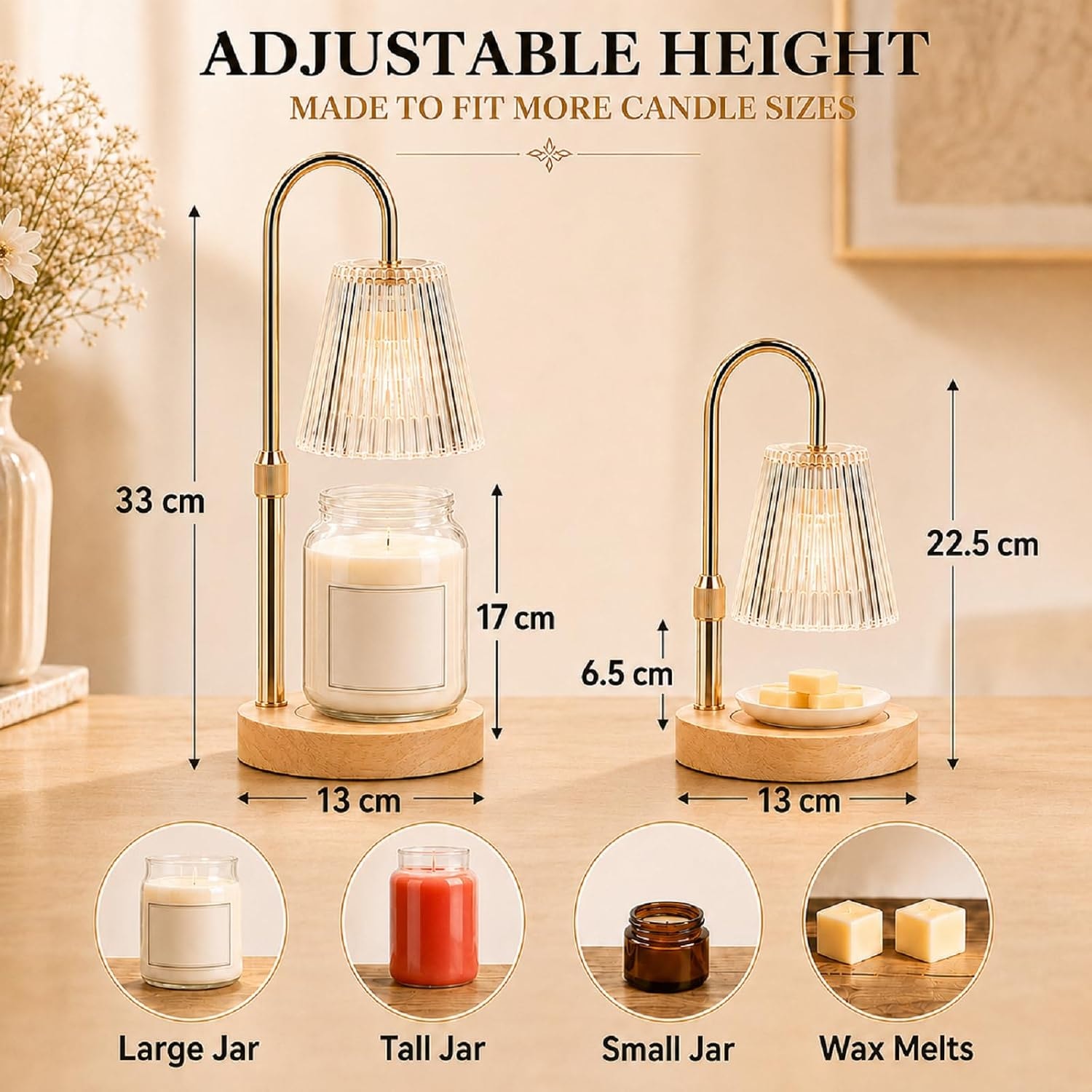 Height adjustment diagram showing a candle warmer lamp fitting large jars, tall jars, small jars and wax melts