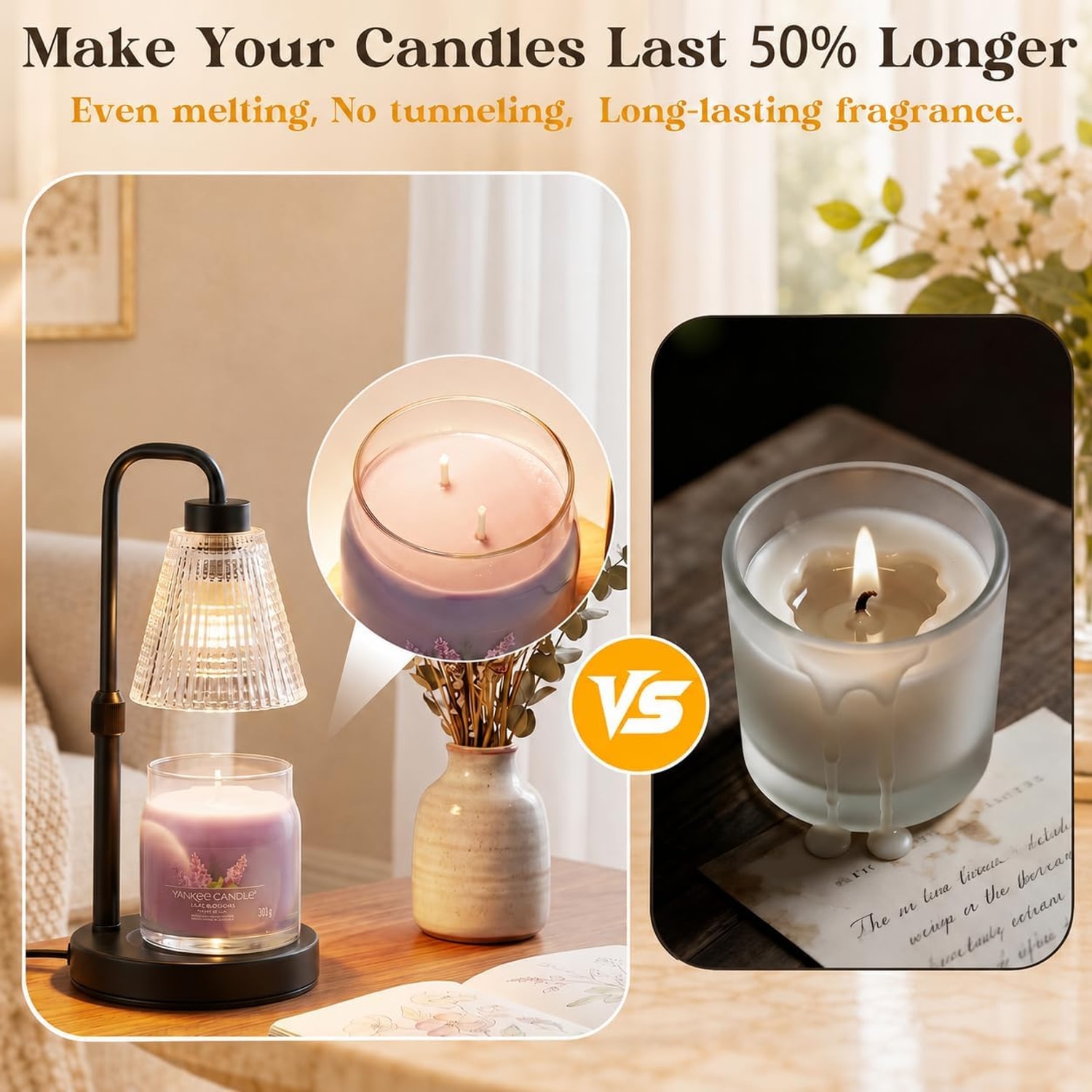 An evenly melted candle under a warmer lamp compared with a tunnelled burning candle