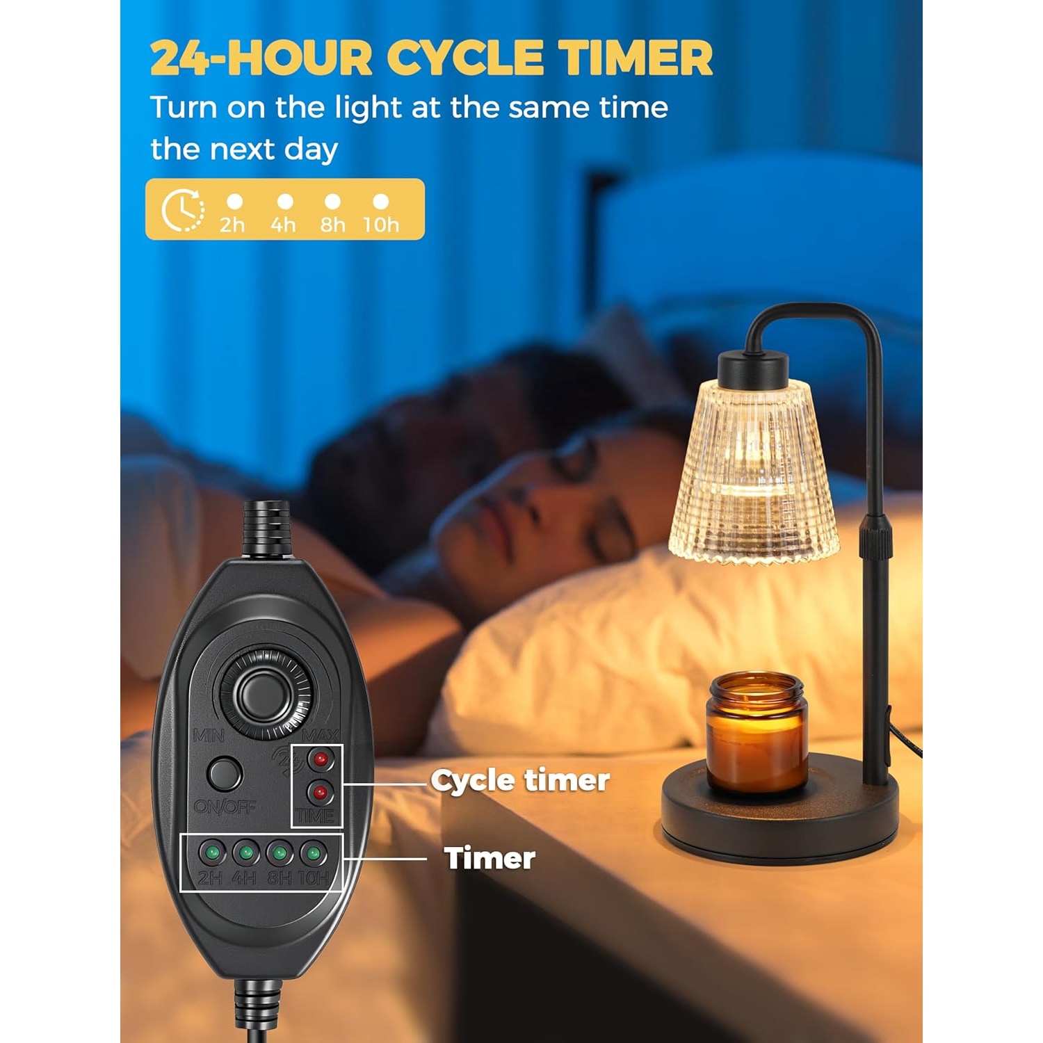 The timer buttons on a candle warmer lamp's in-line controller, with the lamp lit beside a sleeping child