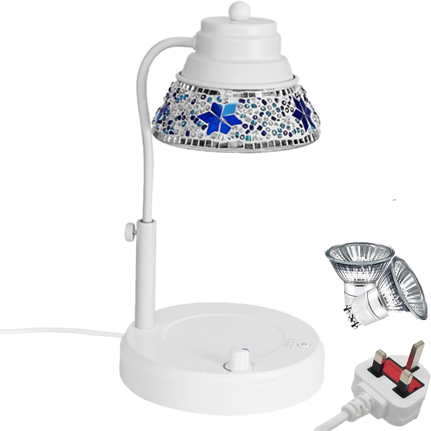 White mosaic candle warmer lamp with a blue and gold tiled shade, shown with its GU10 bulb and UK plug